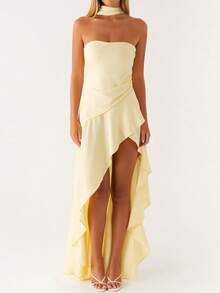 Women Casual Tube Dress Summer Solid Color/Floral Print High Low Ruffles Dress With Scarf For Cocktail Streetwear - Yellow - View 1
