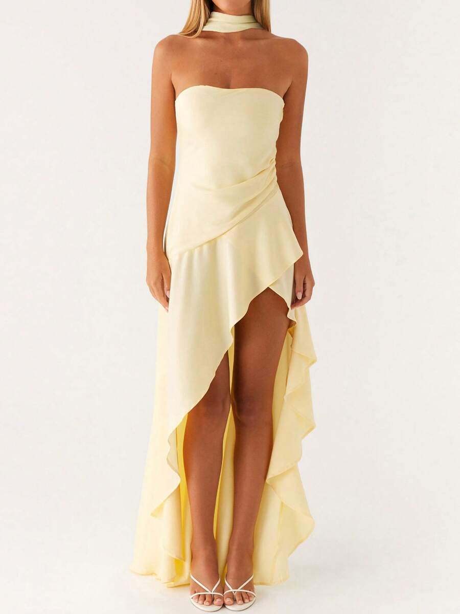 Women Casual Tube Dress Summer Solid Color/Floral Print High Low Ruffles Dress With Scarf For Cocktail Streetwear - Yellow - View 1