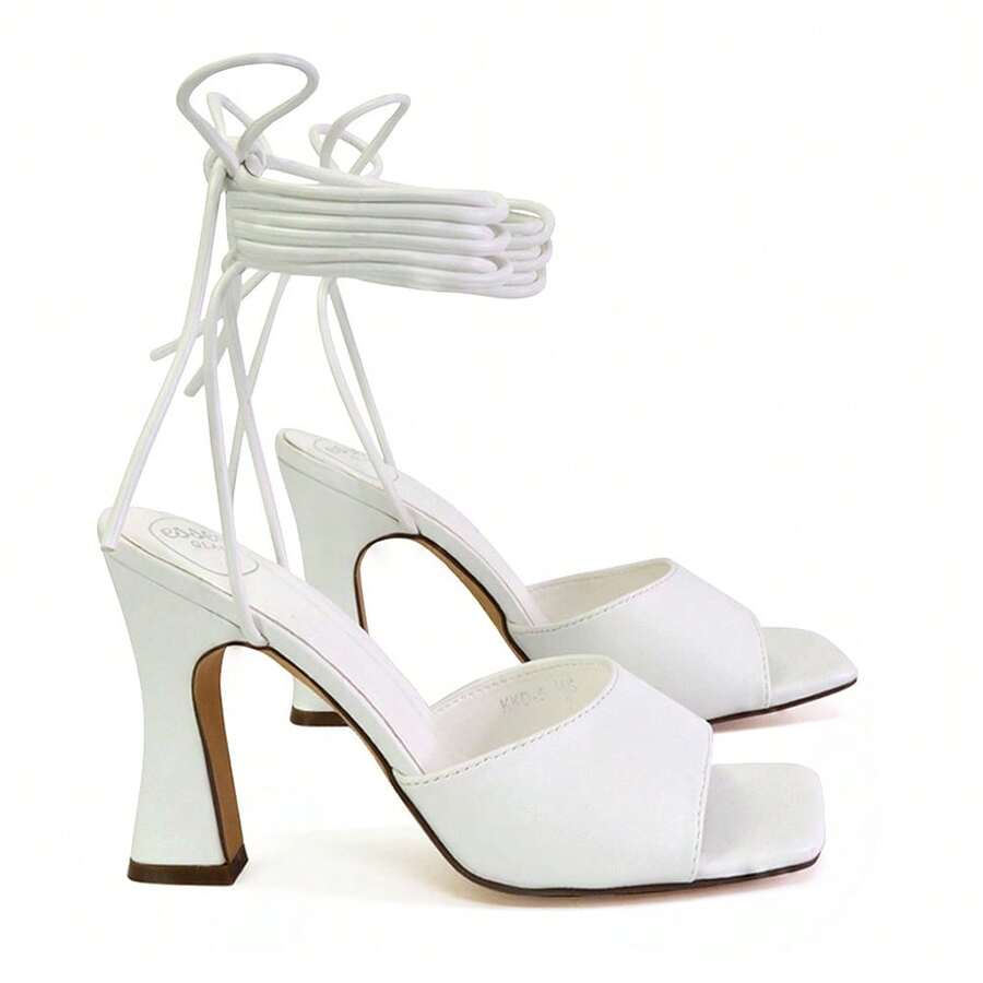 XY LONDON Flora Women's Strappy Lace Up High Heels, Square Toe, Block Heels, Black, Blue, Pink, Green, Lilac, White, PU Leather, Nightclub Style, Party, Spring/ Summer - White - View 1