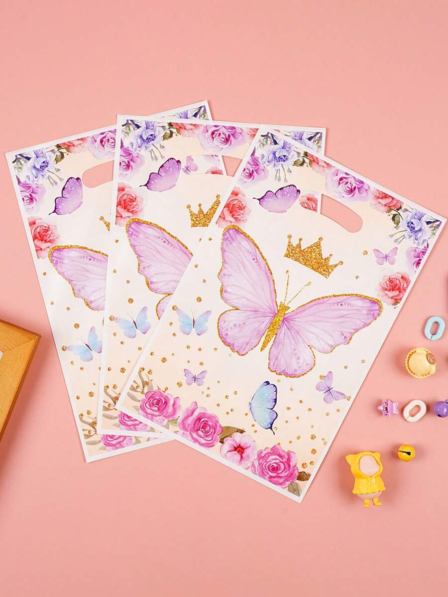50 piezas Bolsas de regalo con diseños de mariposa, flor y corona, para favores de fiesta, envoltura de regalos de cumpleaños
