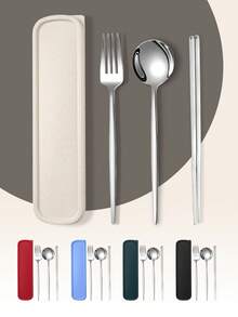 4-Piece Stainless Steel Cutlery Set (Fork, Spoon, Chopsticks, Storage Box), Student Portable Cutlery, Kitchen, Back-To-School Gift - Portuguese Silver Cutlery + Plain Chopsticks - View 6