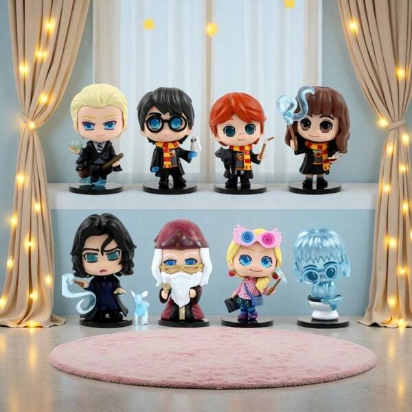 Harry Potter Conjunto de 8 bonecos de ação Harry Potter - Versão Chibi/Q - Bonecos colecionáveis dos alunos e do diretor de Hogwarts - Inclui Harry, Hermione, Ron, Draco, Snape, Luna, Murta - Brinquedos em miniatura do mundo mágico, presentes para fãs e colecionadores
