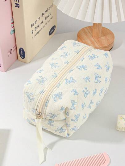 Cute Bow Make Up Bag Cute Bow Knot Pattern Toiletries Bag Travel Make Organizer Zipper Pouch,Quilted Cosmetics Bag, Stylish Foldable Commuter Makeup Bag For Brushes Aesthetic Cosmetic Bag