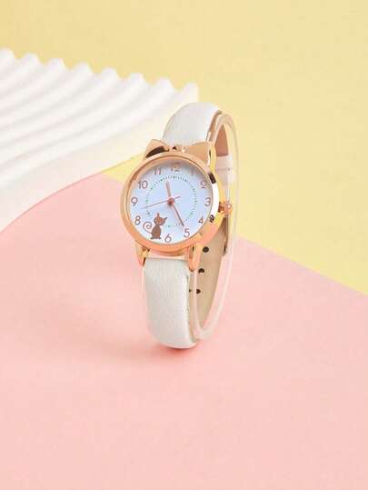 1pc Quartz Watch With Cute Kitten Design For Teenage Boys And Girls