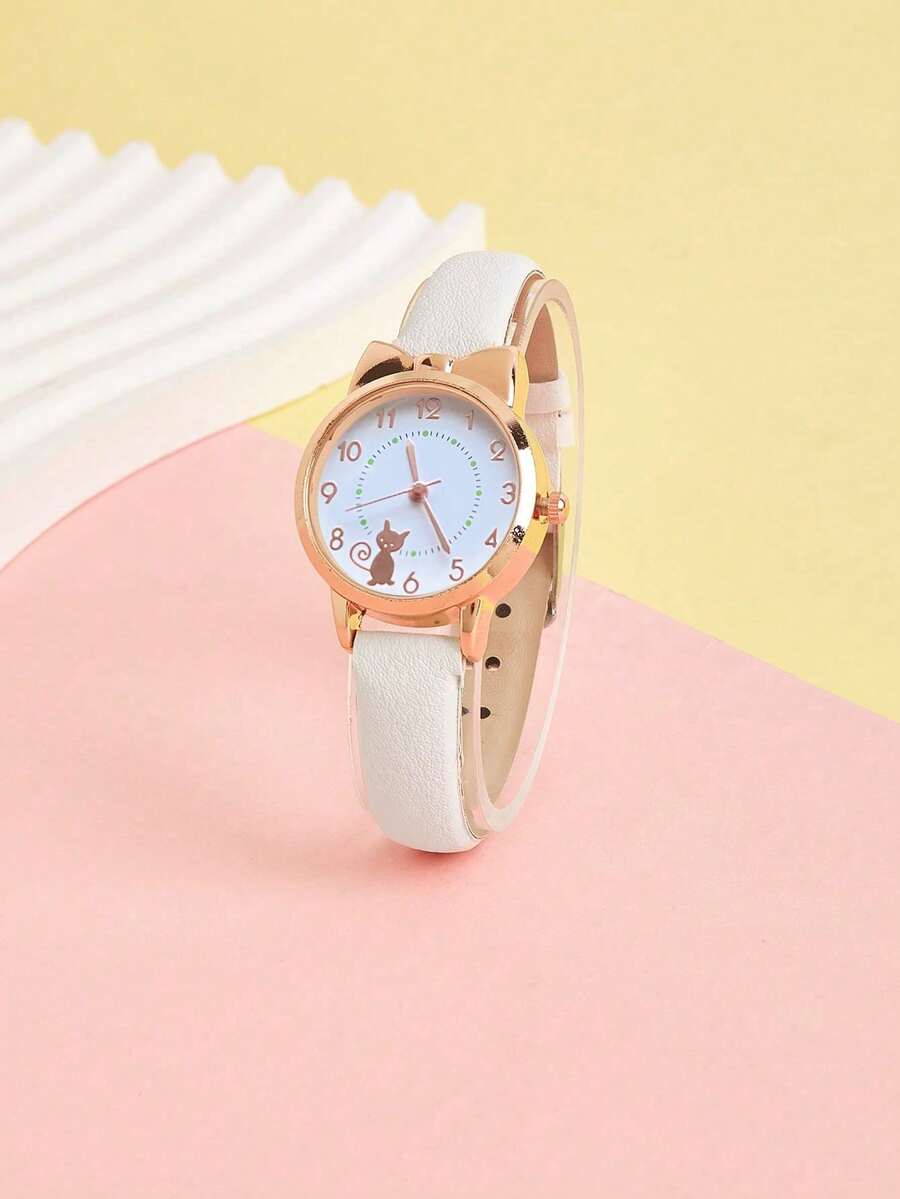 1 件时尚石英手表，带有可爱的小猫设计，适合青少年男孩和女孩
