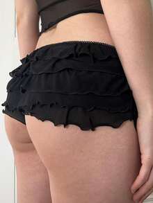 Women's Summer Fashion Slim Solid Color Low Waist Mini  Multi Layered Ruffled Shorts For Daily Streetwear  Vacation - Black - View 5