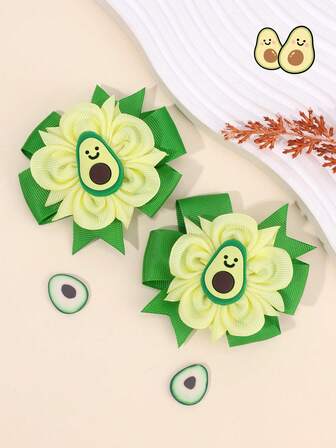 2 件装牛油果风车发饰，适合女孩，黄色花朵蝴蝶结鳄鱼夹，可爱甜美水果发夹，卡通牛油果发夹，水果发夹，儿童发饰