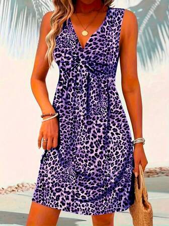 Stylish Leopard Print Sleeveless Mid-Length Dress, Knotted V-Neck Dress