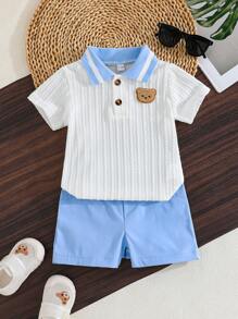 Set de 2 piezas: Camisa polo con bordado de oso y cuello, y shorts cómodos para niño bebé, conjunto de estilo británico