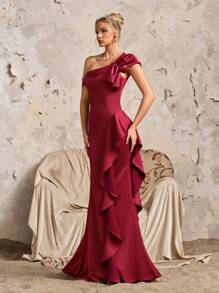 Abito da sera elegante a sirena in raso lucido bordeaux con decorazione fiocco, adatto per balli, eventi formali, cerimonie, ospiti di matrimoni