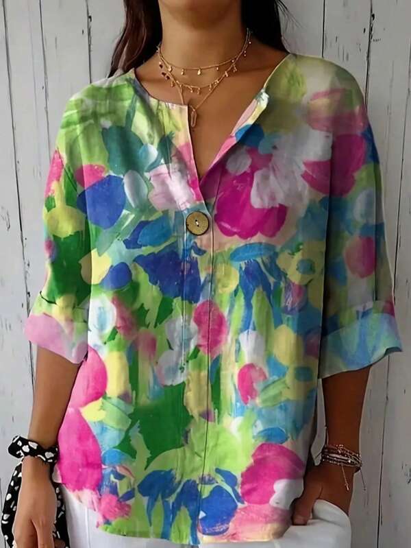 Plus Size Dames Hawaiiaans Shirt Casual Bloemen Regular Top Lange Mouwen V-hals Knoop Dagelijkse Lente En Zomer Vakantie Kleding