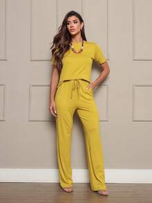 Women's Short Sleeve Blouse And Pants Set With Pockets Comfortable Fabric Comes With A Free Necklace - 芥末黃 - 查看 2