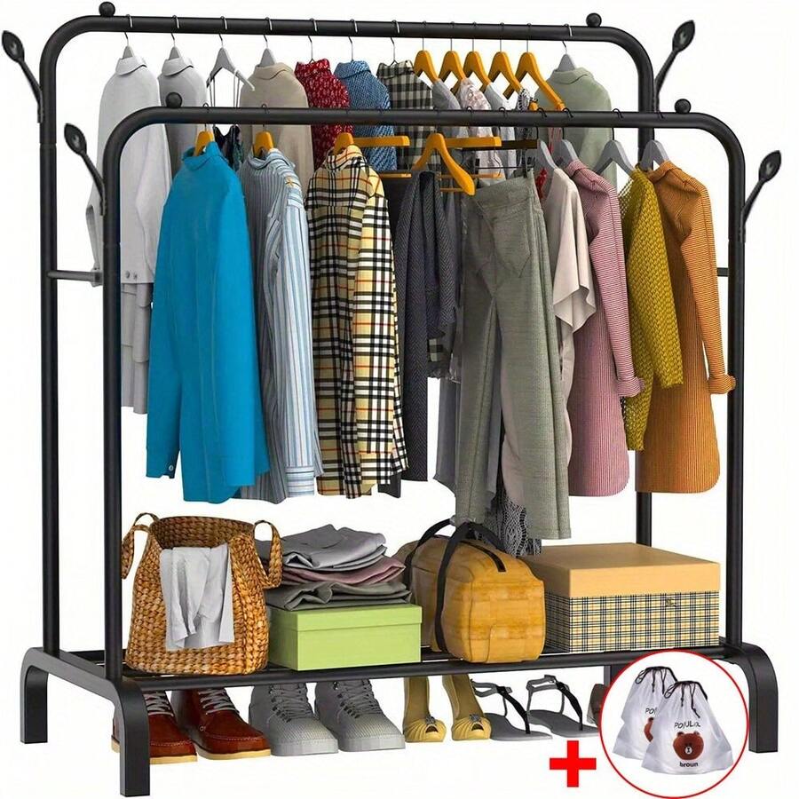 Heavy Duty Double Clothes Rail Hanging Rack Garment Display Stand Shoes Storage - Black - View 1