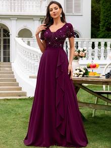 MIUSOL Deep V-Neck Contrast Sequin Lace Ruffle Trim Chiffon Formal Party Maxi Dress,Formal Evening Gown - Maroon - View 5