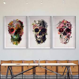 3PCS Flower Skull Posters Home Wall Arts Decoration, Bohemian Skull Gift Modern Posters Optional Frame
