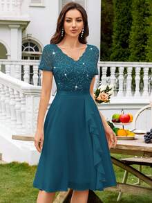 MIUSOL V-Neck Sequin Floral Lace Ruffle Hem Chiffon Ballgown, Elegant Women's Party Dress, Suitable For Formal Parties, Vacations, Homecoming, Graduation Ceremonies And Other Occasions - Dusty Blue - View 7