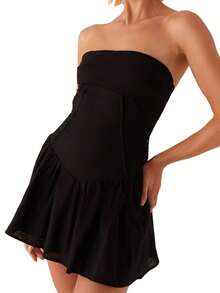 Women Corset Tube Dress Summer Casual Solid Color Tie Up Backless Mini Dress For Cocktail Party Beach Streetwear - 黑色 - 查看 6