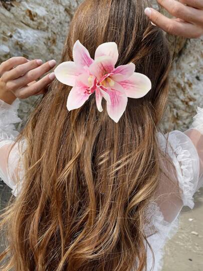 1 pieza Pinza para el cabello con flor de orquídea tropical, adecuada para viajes y fotografías, pinzas para el cabello, pasadores, accesorios escolares, atuendos de vacaciones para mujer