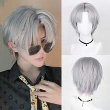灰色合成短直发假发中分动漫游戏角色扮演男女蓬松假发适合日常派对 - 灰色 - 查看 1