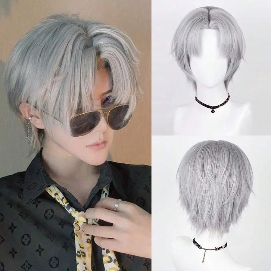 灰色合成短直发假发中分动漫游戏角色扮演男女蓬松假发适合日常派对 - 灰色 - 查看 1