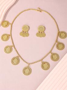 1set Vintage Gold Coin & Turkish Talisman Pendant Necklace With Matching Mini Coin Earrings, Jewelry Set For Women Wedding/Party - Jewelry Sets - View 8