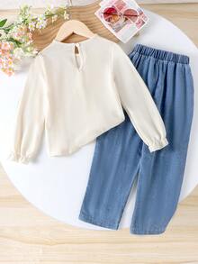 Set de 2 piezas de top de manga larga con lazo y pantalones vaqueros para niña, para primavera/otoño - Albaricoque - Ver 2