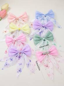 6 件套女孩彩色水钻装饰蝴蝶、网眼、雪纺蝴蝶结发夹、发饰，适合日常使用