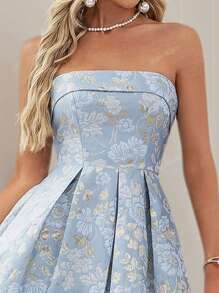 Women's Luxurious Metallic Gold Floral Jacquard Strapless Party Dress, Elegant Formal Evening Gown Suitable For Weddings, Graduations, Parties, With Detachable Transparent Shoulder Strap