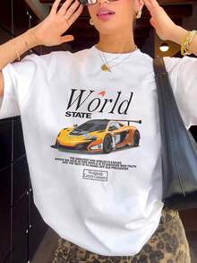 White Women's Casual Everyday Round Neck Race Car Printed Short Sleeve T-Shirt, Spring/Summer - White - View 4