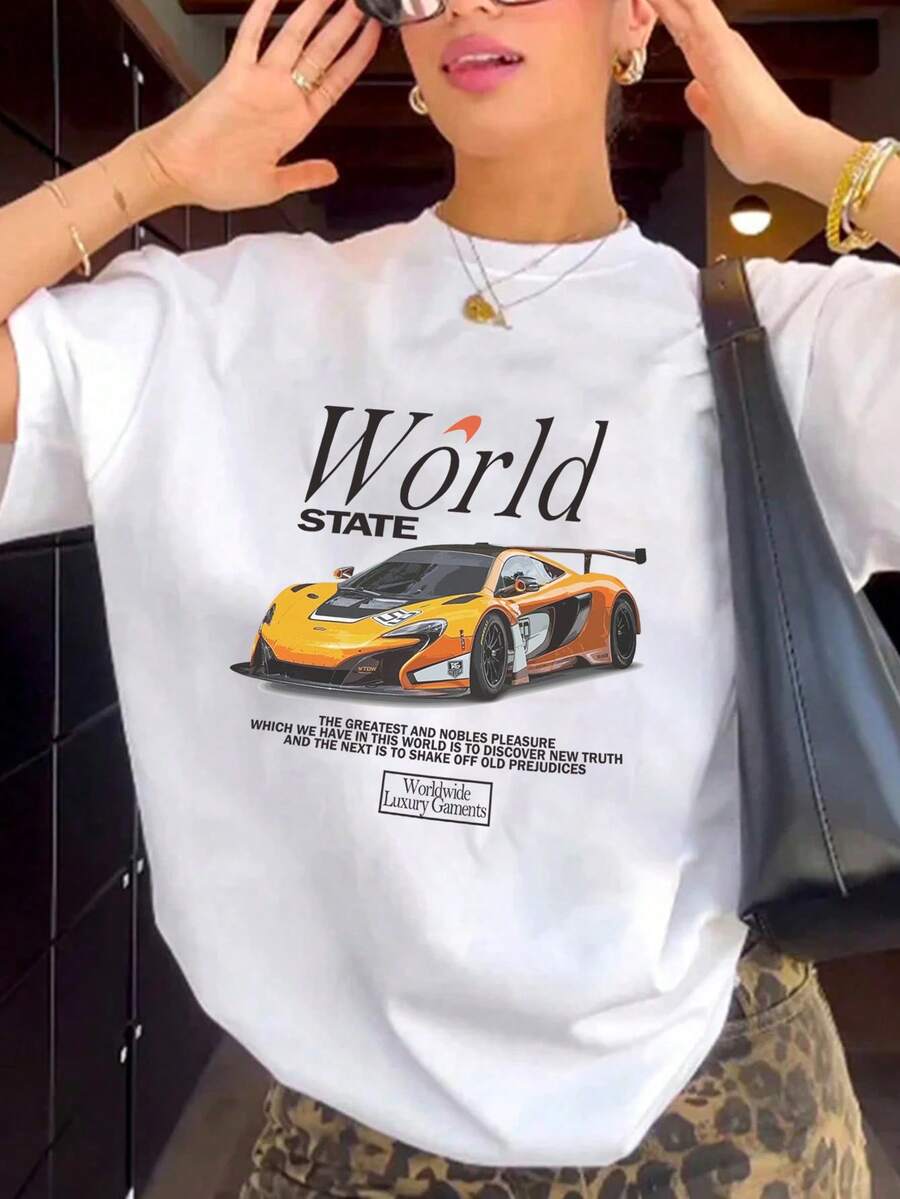White Women's Casual Everyday Round Neck Race Car Printed Short Sleeve T-Shirt, Spring/Summer - White - View 1