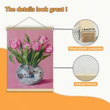 1 件，帆布挂画，墙面艺术，海报，易于悬挂，迪斯科球花瓶中的郁金香，粉色学院风墙面艺术，时尚花卉绘画，俏皮的房间装饰，镜面球印花，美丽的少女印花，可选画框 - 彩色 - 查看 4