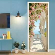 1 件现代风格白色拱门装饰带玫瑰装饰，包括海景门贴，可移除纸质墙贴，适用于卧室抽象艺术，无需电源或电池，矩形墙面装饰房间装饰贴纸个性化贴纸