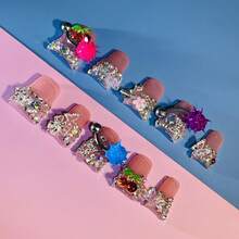 10pcs Y2K Nails Chic Short Duckbill Press On Nails Set - Handcrafted With Shiny Rhinestones, Crowns, Flowers, And Crystal Accents, Features Peach Pink And White French Tip Style, Perfect For Parties & Casual Attire, Suitable For Wedding Parties And Daily Wear, Includes Tool Kit For Easy Application. - 混合色 - 查看 8