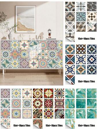 波西米亚风格即撕即贴壁纸 - 11.8*118 英寸（10 件/套）厨房墙壁家居装饰后挡板壁纸，波西米亚瓷砖图案，可移除墙贴