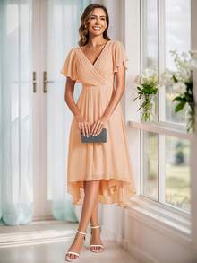 优雅珊瑚粉色不对称下摆荷叶袖V领伴娘礼服，婚礼宾客正式晚礼服 - 珊瑚粉 - 查看 7