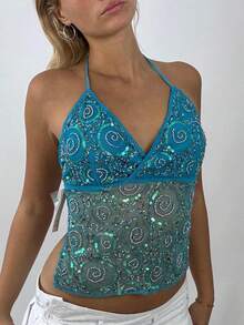 Summer Sequin Tops For Women Y2k Halter Crop Cami Tops Sparkly Spaghtti Strap V Neck Backless Sexy Tank Tops Sheer Mesh Camisole Top Sexy Going Out Tops Vintage Clubwear Aesthetic Clothes 2000s - Màu xanh lam - Xem 5