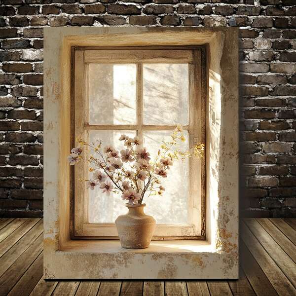 1 Stück Leinwandkunst - Vintage Fensterausblick mit blühenden Blumen, rustikales gealtertes Glas, perfekt für Wohnzimmer, Büro, Café oder Küchendekoration, Café Wanddekoration | Rustikale Wanddekoration Leinwandkunst, ohne Rahmen