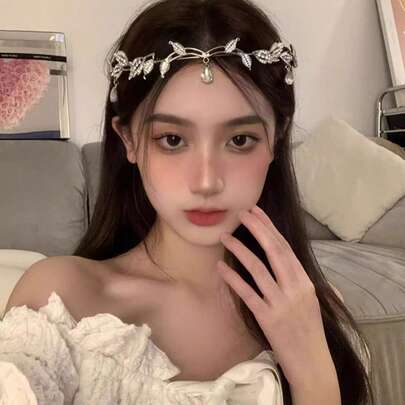 Crystal Leaf Crown Hairband With Full Rhinestones, Vintage Fairy Princess Jewelry For Bridal Wedding