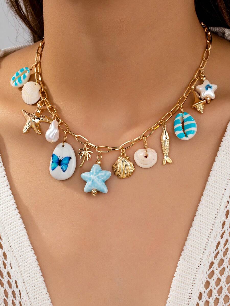 1 buc colier cu pandantiv din ceramică albastră, lucrat manual, cu stea de mare și scoici, accesoriu de bijuterii în stil vacanță, cu tematică de vară, stil marin (culoarea și forma pot varia)