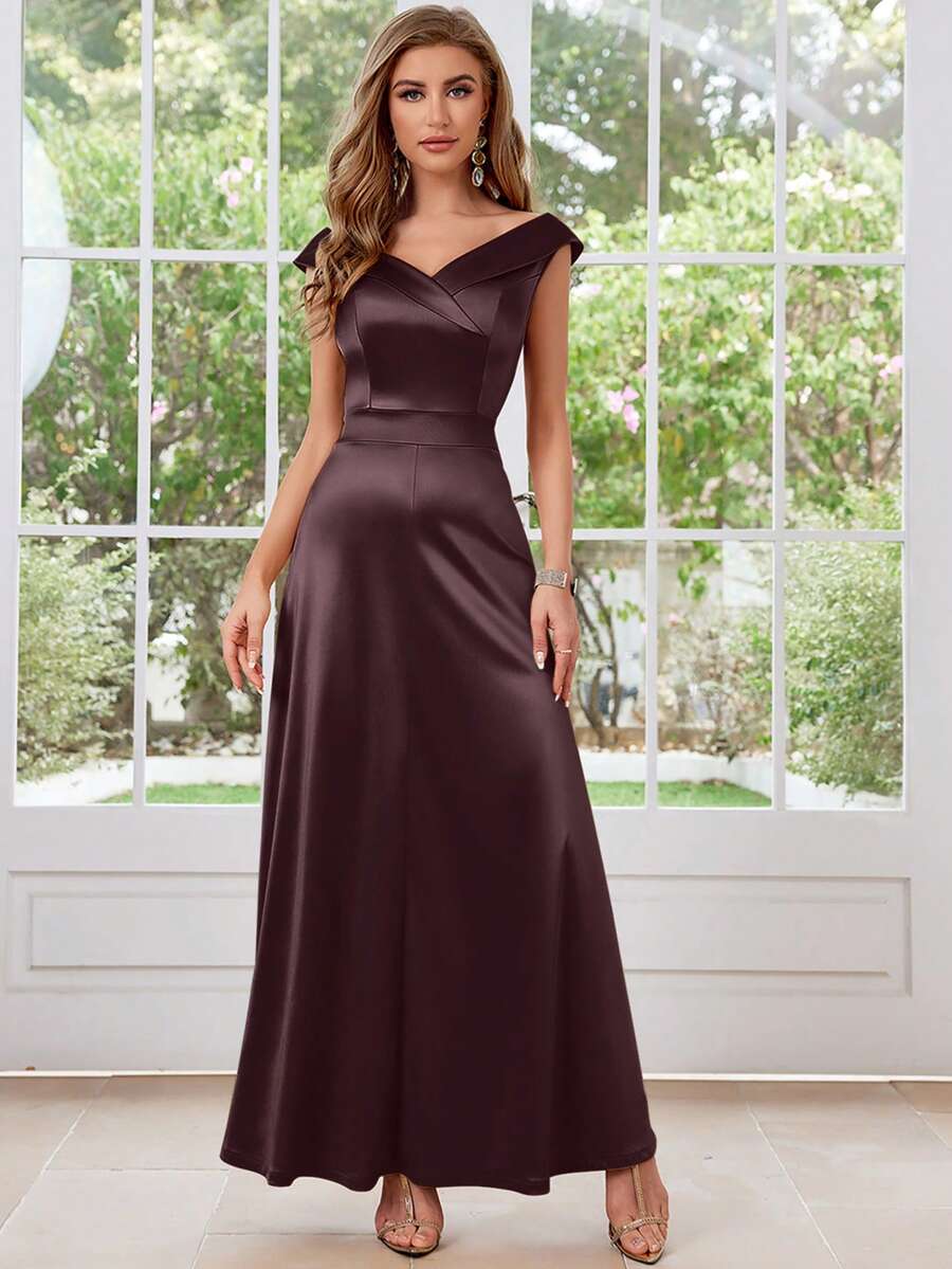 MUXXN 1950er Jahre Vintage Satin V-Ausschnitt Cocktailkleid - Schokoladenbraun - Übersicht 1