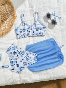 Young Girl Floral Print Spaghetti Strap Bikini Set Set With Cover Up Pareo Skirt, Summer Holiday - Blue - View 2