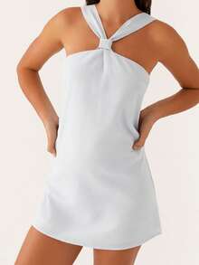 Women Twist Knot Mini Dress Halter Neck Cross Tie Back Club Party Short Dress Summer Sleeveless Casual Vacation Sundress - 藍色 - 查看 4