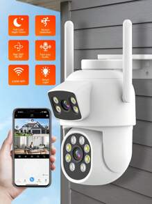 1pc 2MP+2MP Dual Len Wireless Outdoor Security Camera,Smart PTZ Home Surveillance Cameras With 2.4/5Ghz Wifi,Indoor CCTV IP Cameras,Auto Tracking,Alarm And Color Night Vision, Pan Tilt Rotation, Video Network Camera System Supports Two-Way Audio