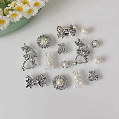 14pcs DIY Shoe Charms Decoration, Shiny Rabbit, Bow, Bear, Flower, Faux Pearl, Non-Metal Lightweight Material, Y2K Fashion Versatile Cute Personalized For Both Men And Women, Suitable For EVA Beach Shoes, Sandals, Detachable Shoe Decor, Holiday Gift
