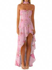 Women Cute Floral Print Cami Tank Midi Ruffle Dress With Scarf Y2k Asymmetrical Mesh Backless Flowy Long Dresses - 粉色 - 查看 8