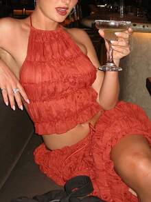 Chiffon Multi-Layer Ruffle Lace Trim Backless Camisole Maxi Dress Set, Romantic Elegant 2-Piece Outfit, Suitable For Christmas, Party, Gothic, Wedding And Other Occasions - Red - View 7