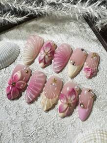 Reine Handarbeit rosa 3D Blumen Nägel Sommer Strand Nägel Wasser Nagel Muschelschalen Nägel gelb Mandel Mittel Aufklebe-Nägel Kunstnägel für Mädchen und Frauen