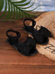1 Pair White Girls' Sandals, New Bowknot Princess Shoes, Elastic Band Design, Soft Sole Casual Beach Shoes, Essential For Summer - Black - View 3