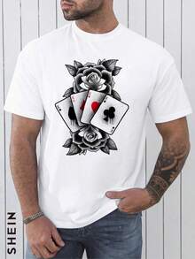 Fashion new men's breathable short-sleeve T-shirt for summer, high-quality round neck  printed sport top" + White Roses, playing cards, black, white, tattoo. Suitable for sports and daily casual wear.' - Blanco - Ver 1