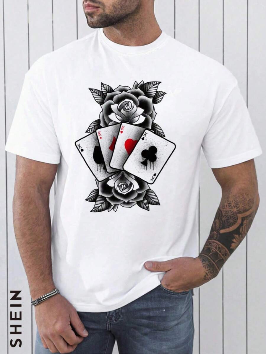 Fashion new men's breathable short-sleeve T-shirt for summer, high-quality round neck printed sport top" + White Roses, playing cards, black, white, tattoo. Suitable for sports and daily casual wear.' - Blanco - Ver 1